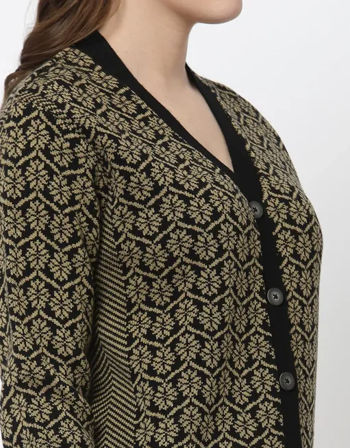 Women Full Sleeves Jaquard Acrylic Winter Cardigan Sweater