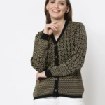Women Full Sleeves Jaquard Acrylic Winter Cardigan Sweater