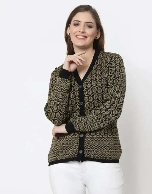 Women Full Sleeves Jaquard Acrylic Winter Cardigan Sweater