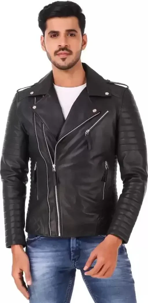 Full Sleeve Self Design Men Leather Jacket