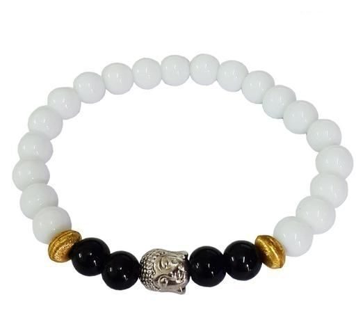 Men's and Women's Yoga and Meditation Buddha Natural Lava Stone Beads Base Metal Religious Natural Stones crystal Bracelet (White)