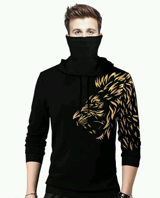 Printed Men Hooded Neck Black T-Shirt