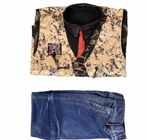 Ethnic Wear 3 Piece Suit Set with Shirt Trousers Tie and Gallace Waistcoat for Kids and Boys
