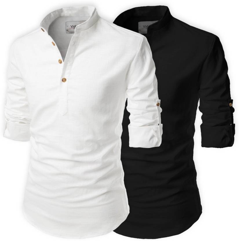 Pack of 2 Men Solid Pure Cotton Straight Kurta  (Black, White)