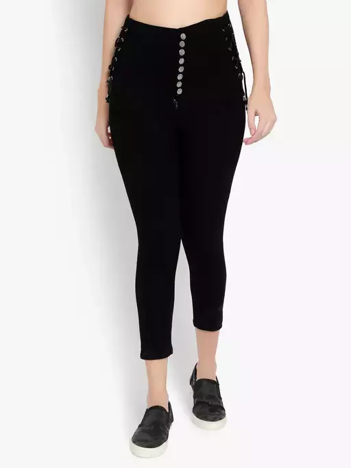 Women Black 8 Button Slim Fit Stretchable Ankle Length Jeans