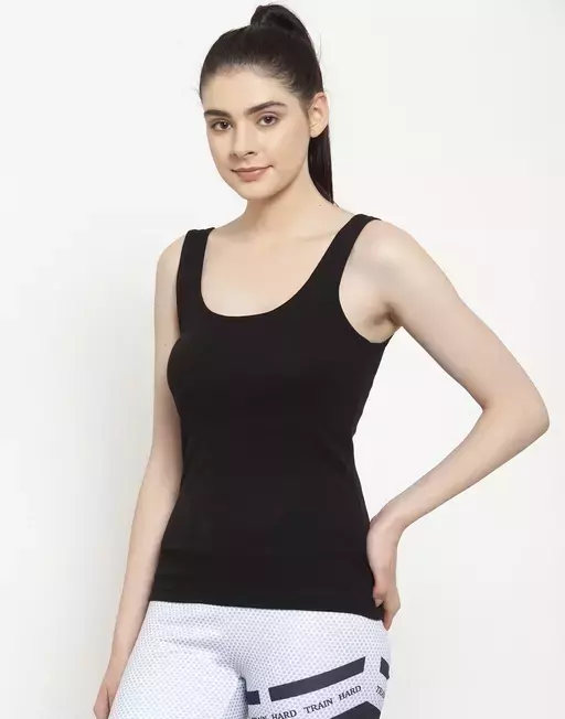 Women Black Cotton Rib U-Neck Tank top
