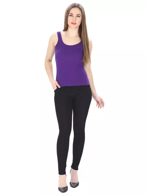 Women Black Cotton Rib U-Neck Tank top