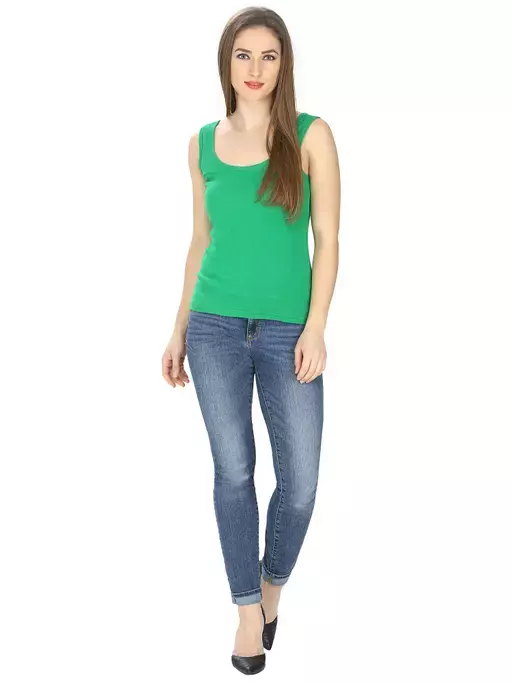 Women Black Cotton Rib U-Neck Tank top