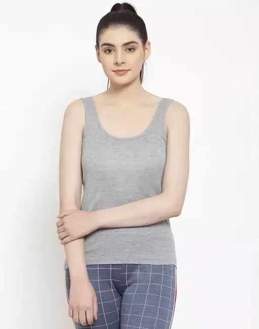 Women Black Cotton Rib U-Neck Tank top