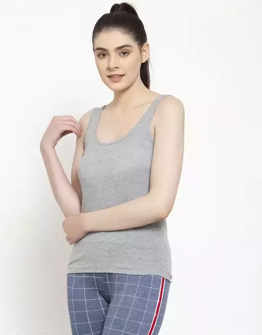 Women Black Cotton Rib U-Neck Tank top