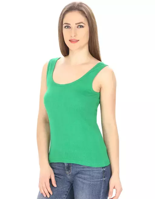 Women Black Cotton Rib U-Neck Tank top