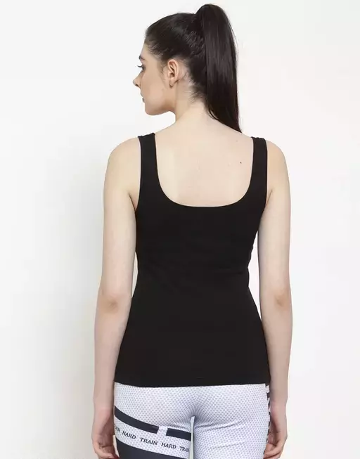 Women Black Cotton Rib U-Neck Tank top