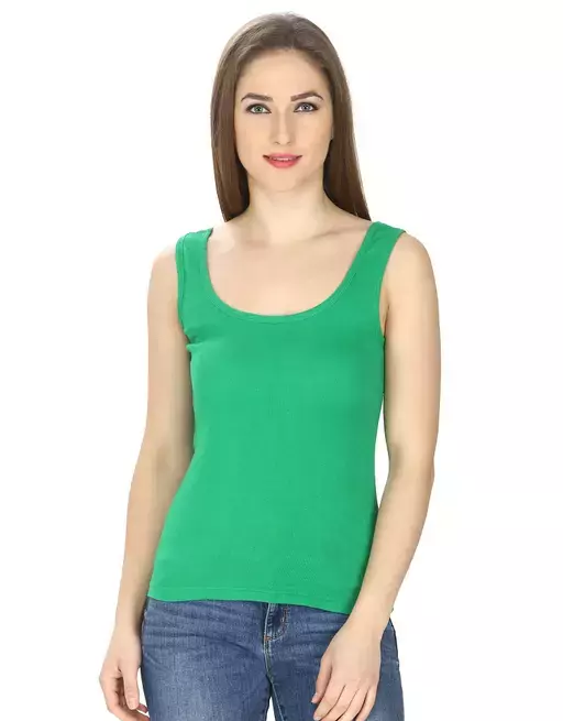 Women Black Cotton Rib U-Neck Tank top