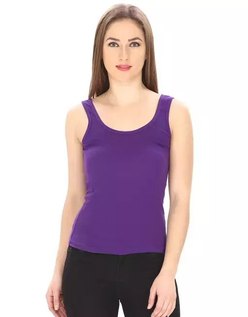 Women Black Cotton Rib U-Neck Tank top