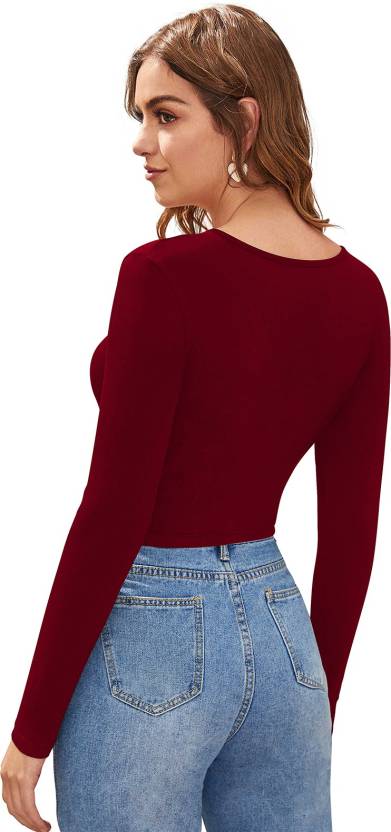 V-Neck Casual Regular Sleeves Solid Crop