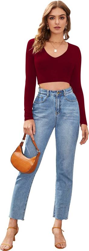 V-Neck Casual Regular Sleeves Solid Crop