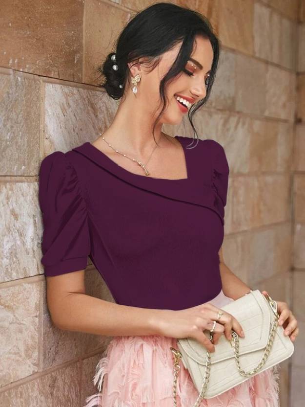 Casual Puff Sleeves Solid Women White Top