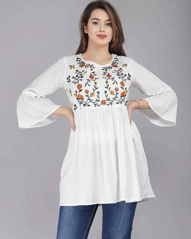 White Embroidered Floral Top