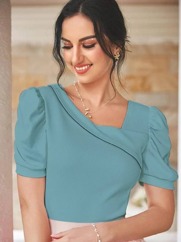 Casual Puff Sleeves Solid Women White Top