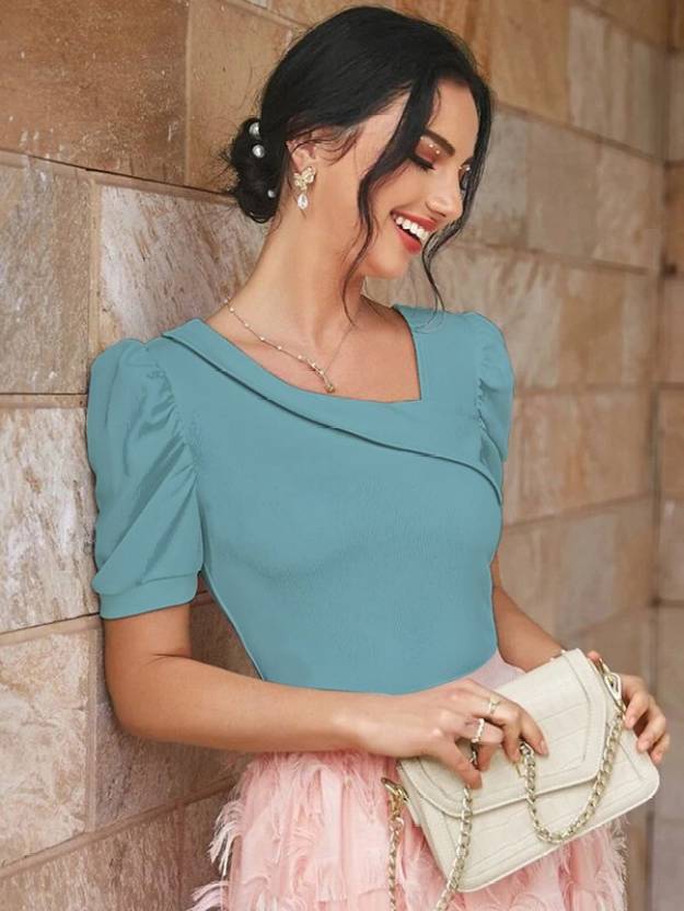 Casual Puff Sleeves Solid Women White Top