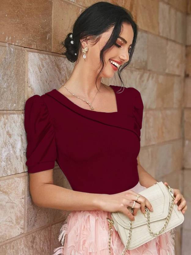 Casual Puff Sleeves Solid Women White Top