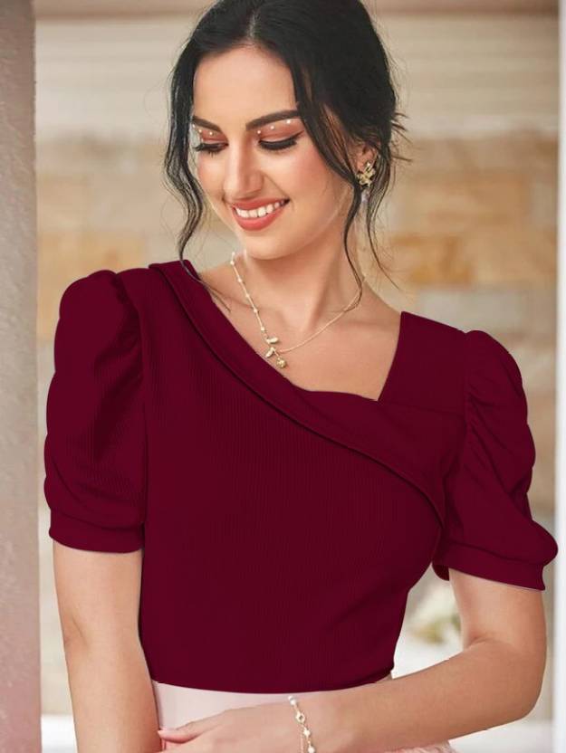 Casual Puff Sleeves Solid Women White Top