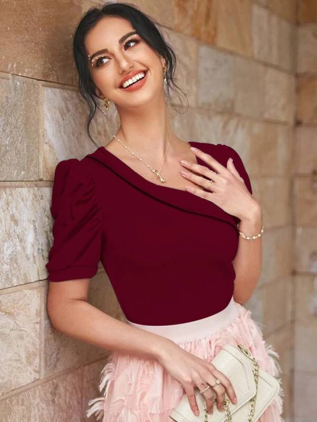 Casual Puff Sleeves Solid Women White Top