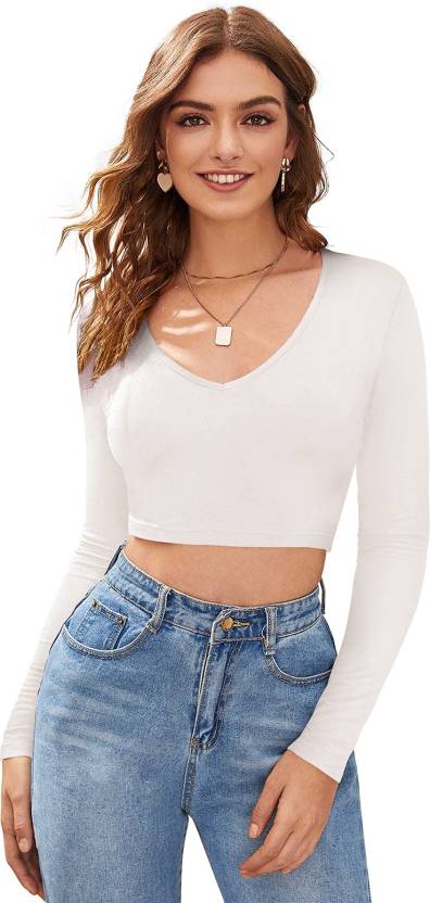 V-Neck Casual Regular Sleeves Solid Crop