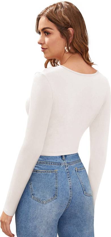 V-Neck Casual Regular Sleeves Solid Crop