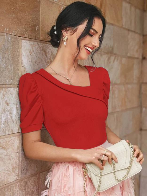 Casual Puff Sleeves Solid Women White Top