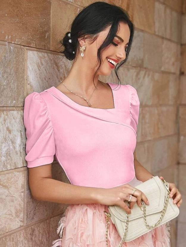 Casual Puff Sleeves Solid Women White Top