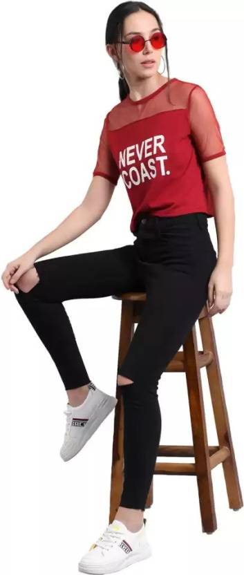 Women Never Coast Casual Printed Black Top