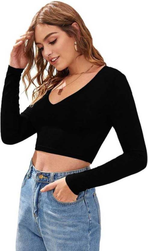 V-Neck Casual Regular Sleeves Solid Crop