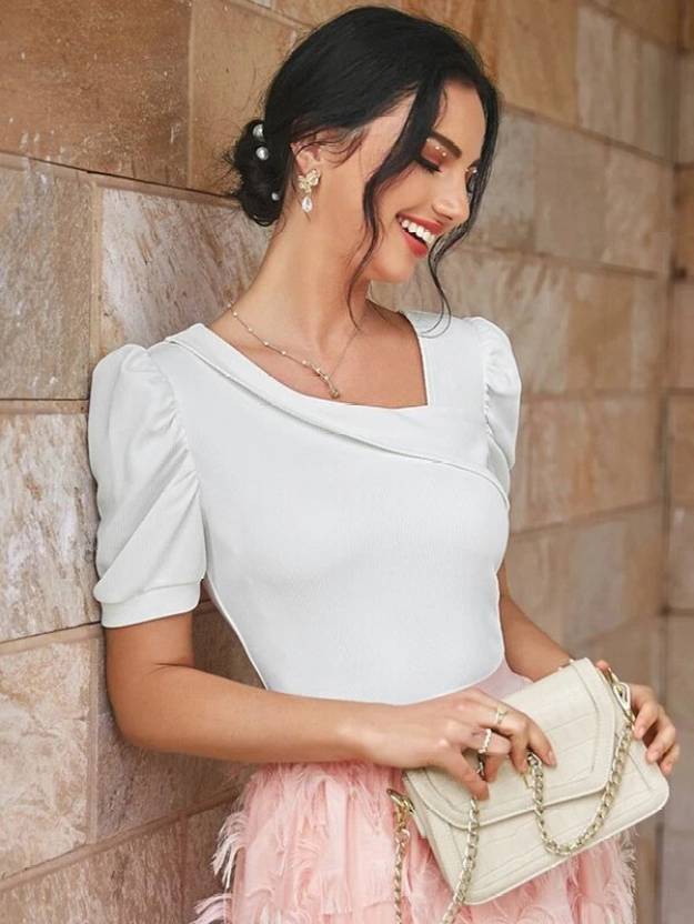 Casual Puff Sleeves Solid Women White Top