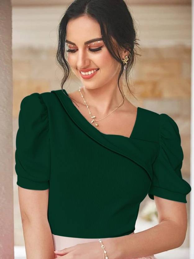 Casual Puff Sleeves Solid Women White Top