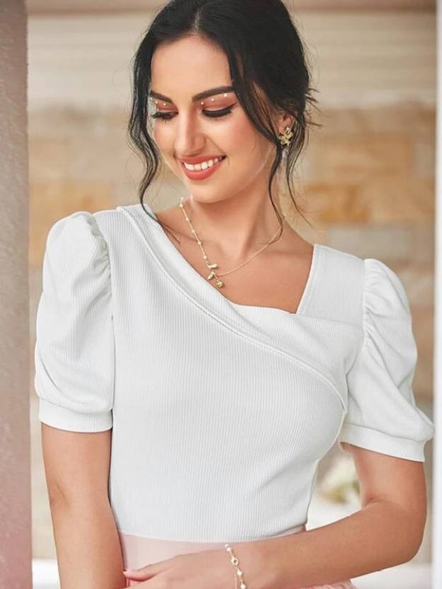 Casual Puff Sleeves Solid Women White Top
