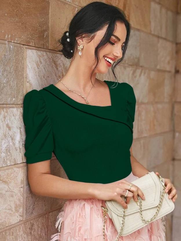 Casual Puff Sleeves Solid Women White Top