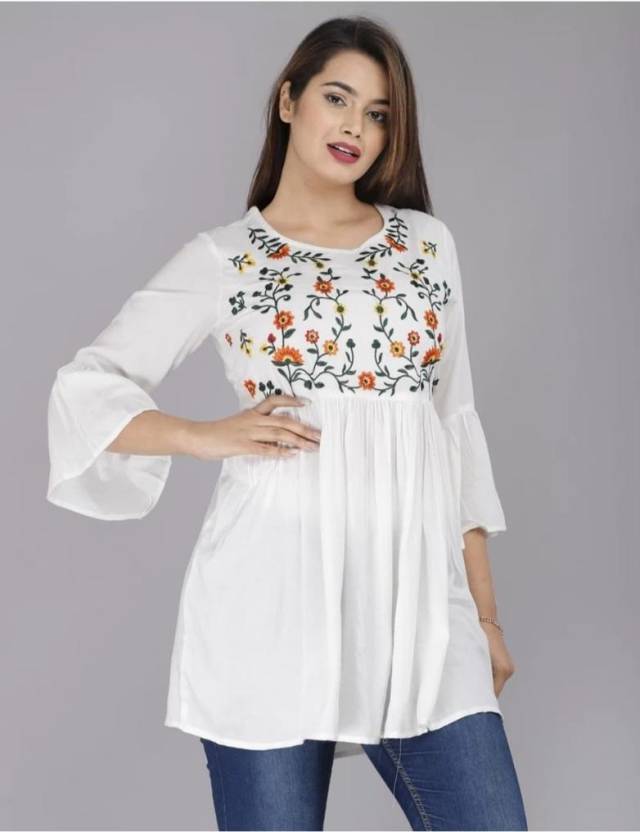 White Embroidered Floral Top