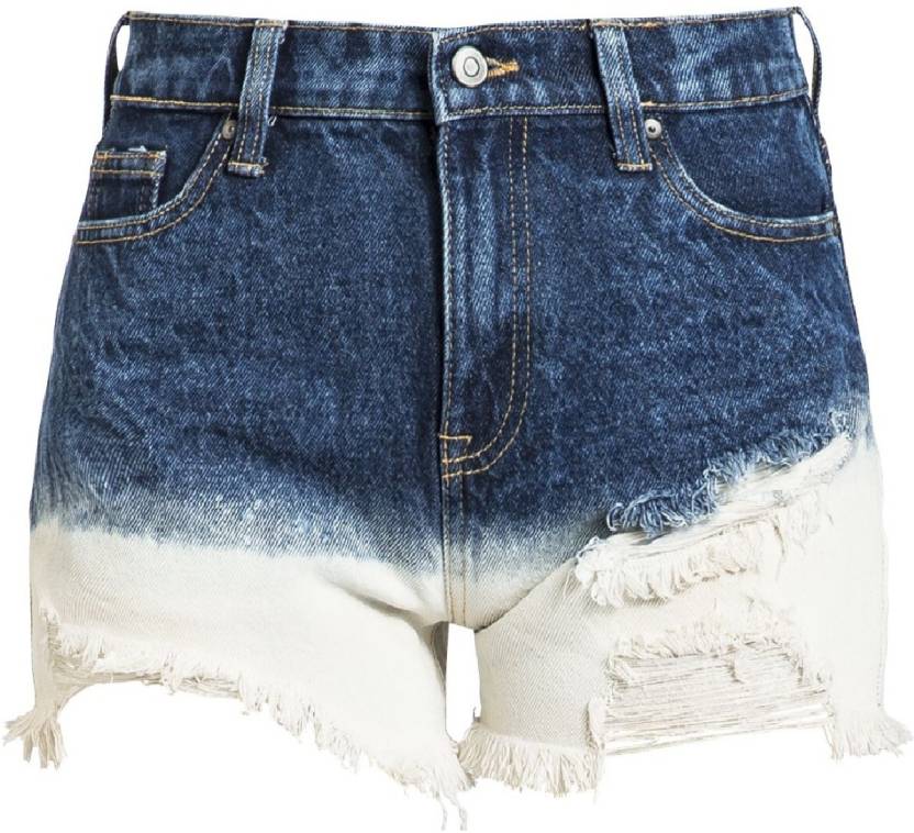 Two Shaded Ripped Denim Shorts